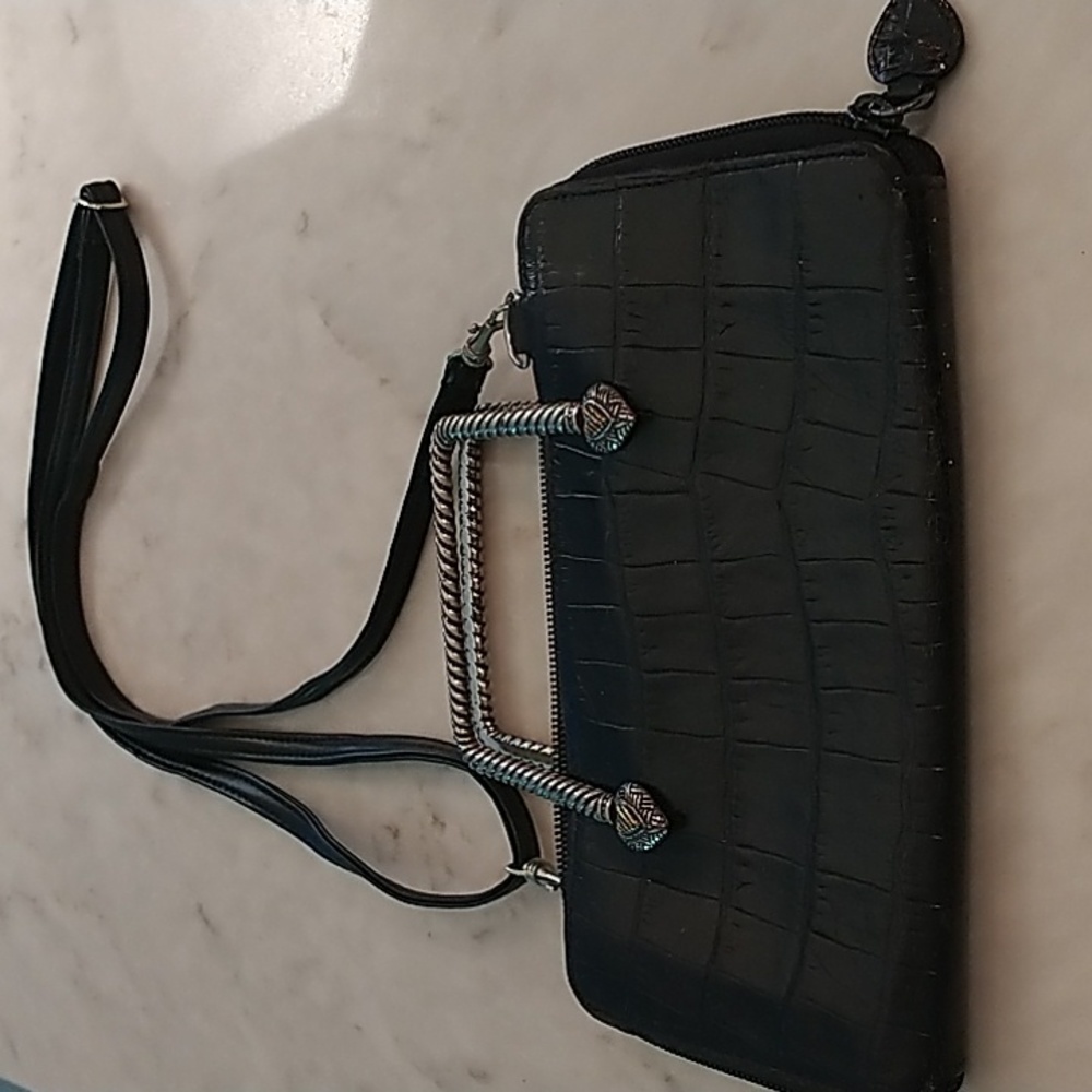 Brighton Black Leather Wallet/Small Purse With Silver Handles & Shoulder Strap.
